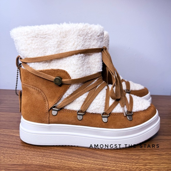 J/Slides Newbie Tan Suede Leather Faux Shearling Platform Booties Boots - Picture 6 of 10